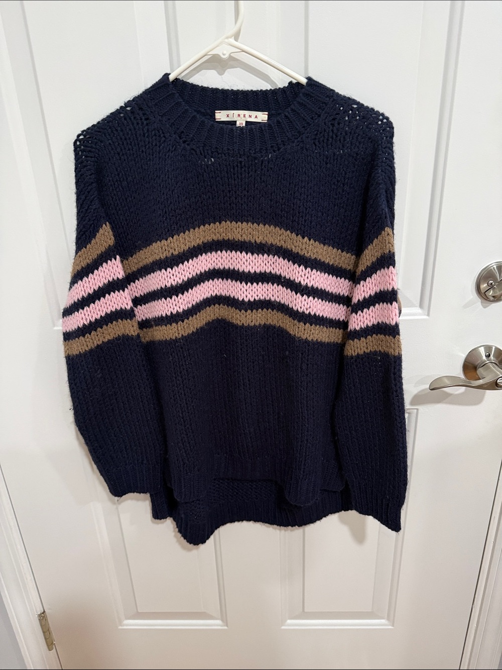 XiRENA Navy Crewneck Sweater with Pink & Brown Stripes